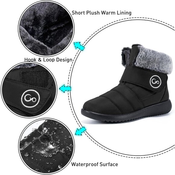 Women’s Black Winter Snow Boots Warm Waterproof Fur Lined Slip-Ons - Picture 4 of 6